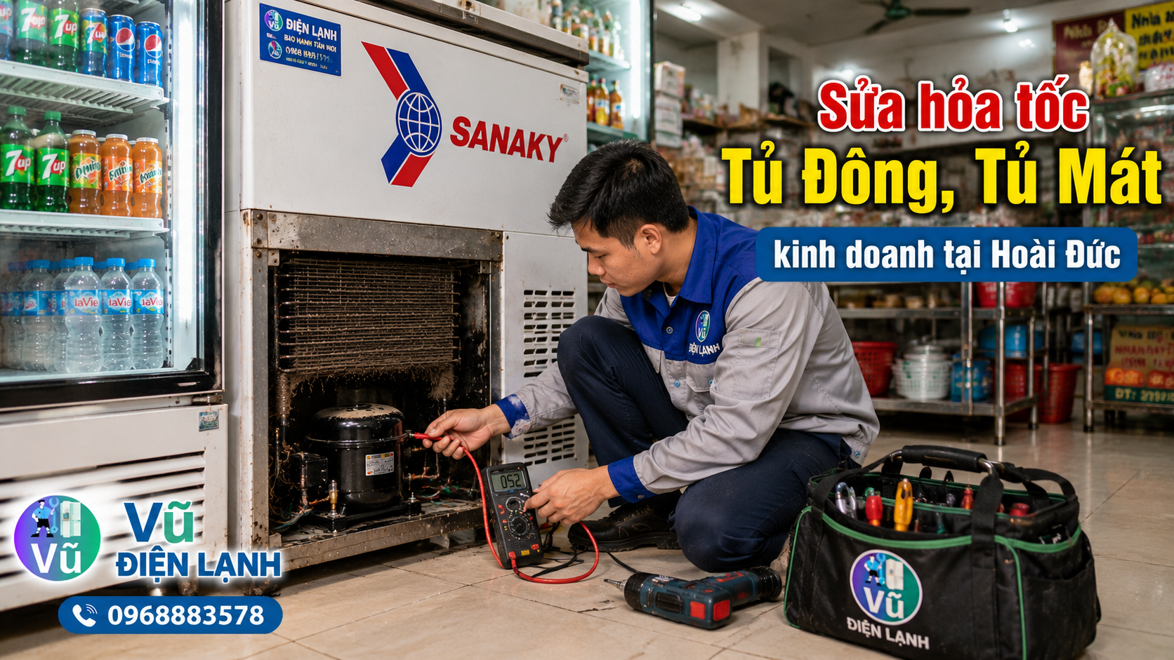 Dịch vụ sửa chữa hỏa tốc tủ đông, tủ mát công suất lớn ngoài giờ hành chính cho các quán ăn, hộ kinh doanh tại Hoài Đức.