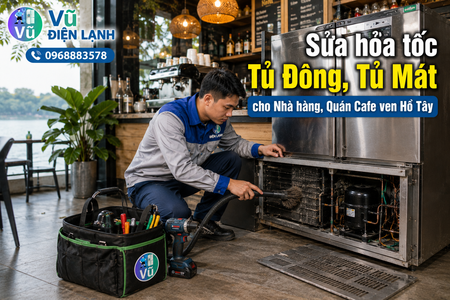 Dịch vụ sửa chữa hỏa tốc tủ đông, tủ mát công nghiệp cho các nhà hàng, quán cafe ven Hồ Tây quận Tây Hồ.