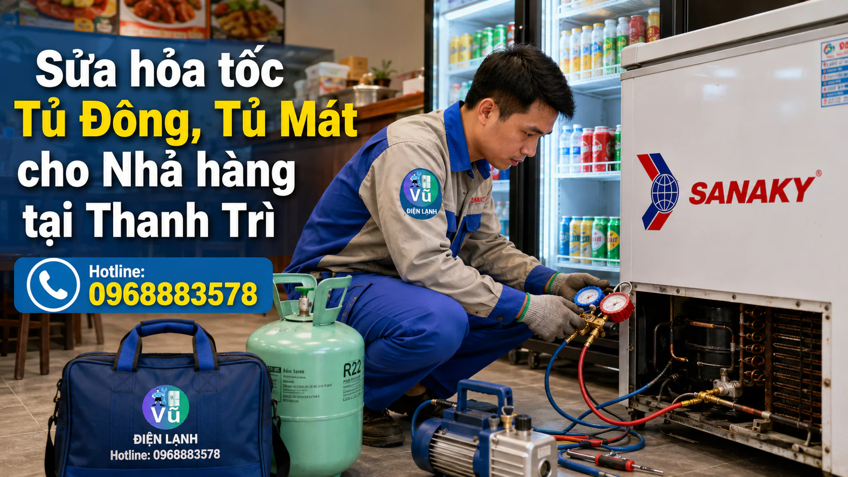 Dịch vụ sửa chữa hỏa tốc tủ đông, tủ mát công suất lớn ngoài giờ hành chính cho các quán ăn, nhà hàng dọc tuyến đường Phan Trọng Tuệ, Thanh Trì.