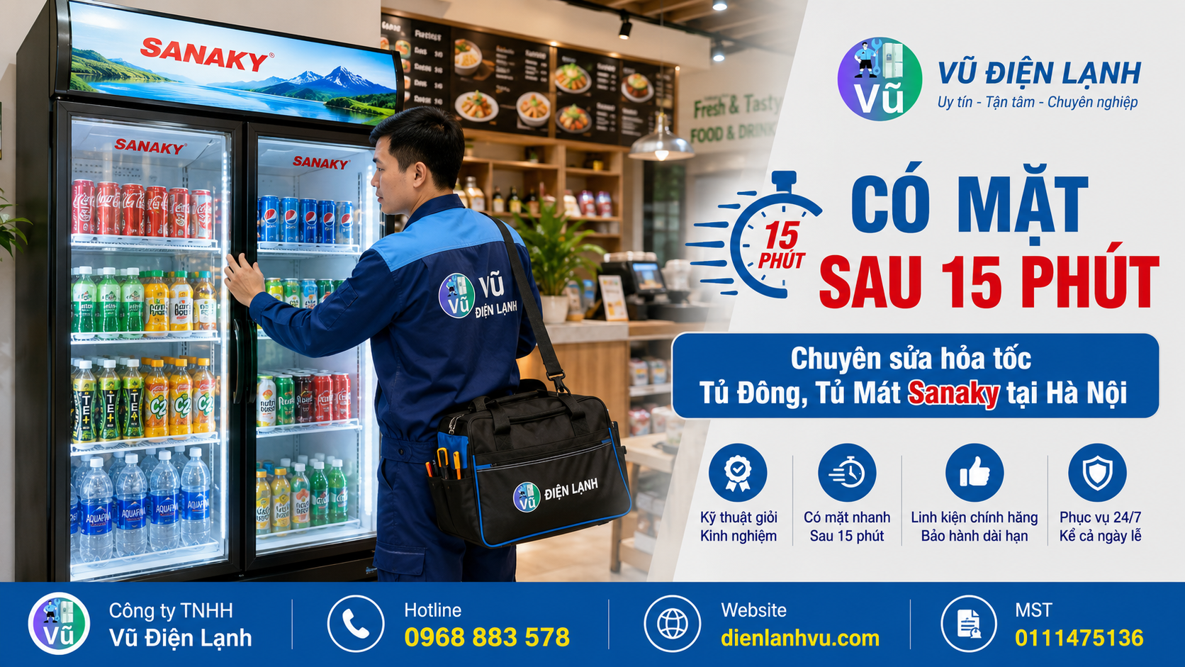 Kỹ thuật viên Vũ Điện Lạnh nhanh chóng có mặt tại siêu thị mini ở Hà Nội sau 15 phút để sửa hỏa tốc tủ mát Sanaky.