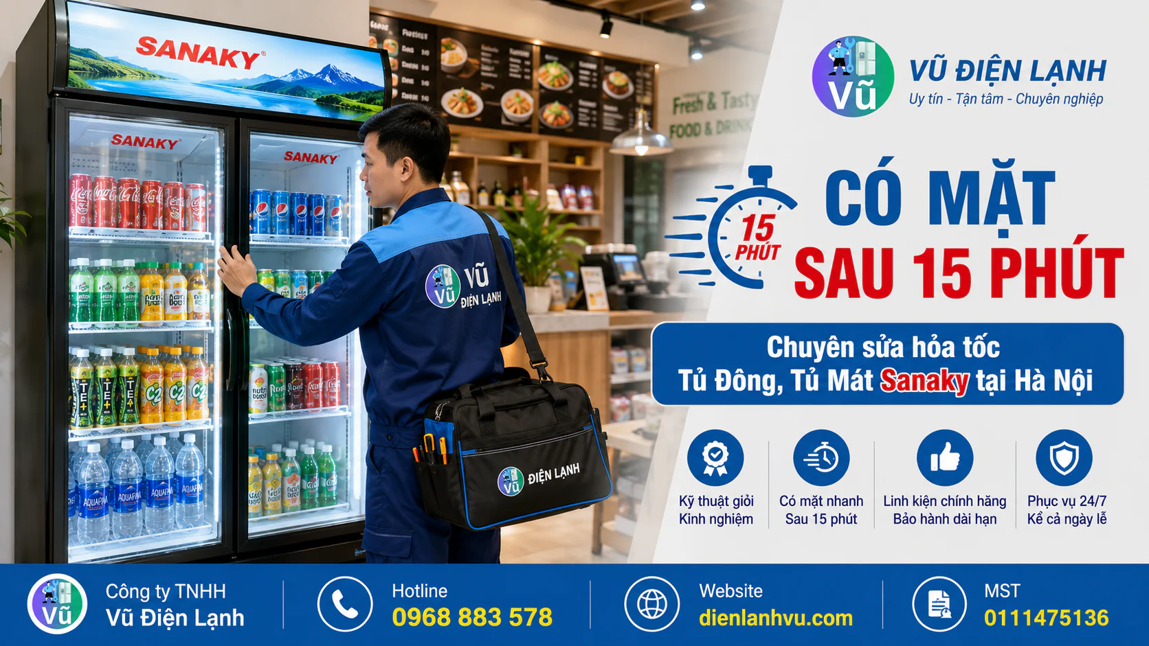 Kỹ thuật viên Vũ Điện Lạnh có thể đến khoảng 15 phút khi thuận tuyến tại siêu thị mini ở Hà Nội để sửa tủ mát Sanaky.