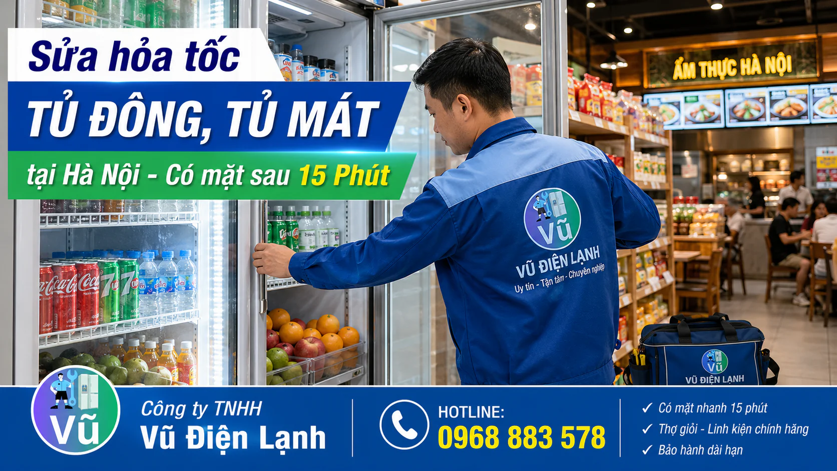 Kỹ thuật viên Vũ Điện Lạnh có thể đến khoảng 15 phút khi thuận tuyến để kiểm tra và sửa chữa tủ mát cánh kính cho siêu thị mini tại Hà Nội.