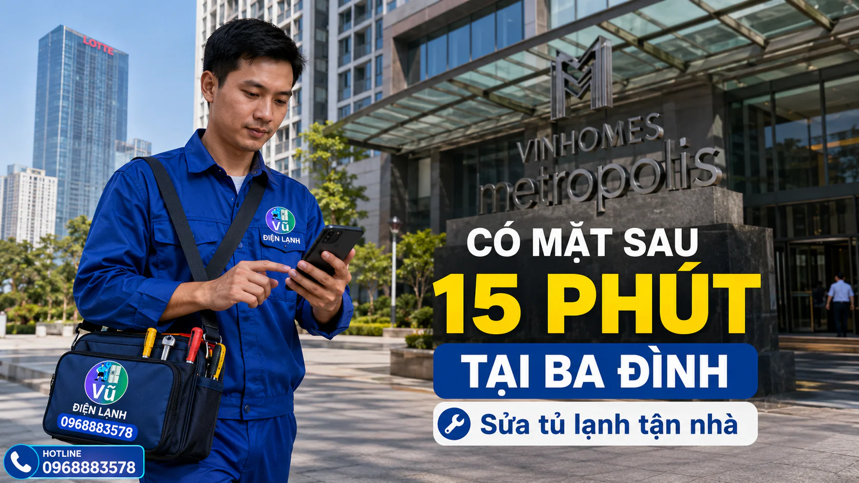 Kỹ thuật viên Vũ Điện Lạnh có thể đến khoảng 15 phút khi thuận tuyến tại chung cư Vinhomes Metropolis quận Ba Đình để sửa tủ lạnh.