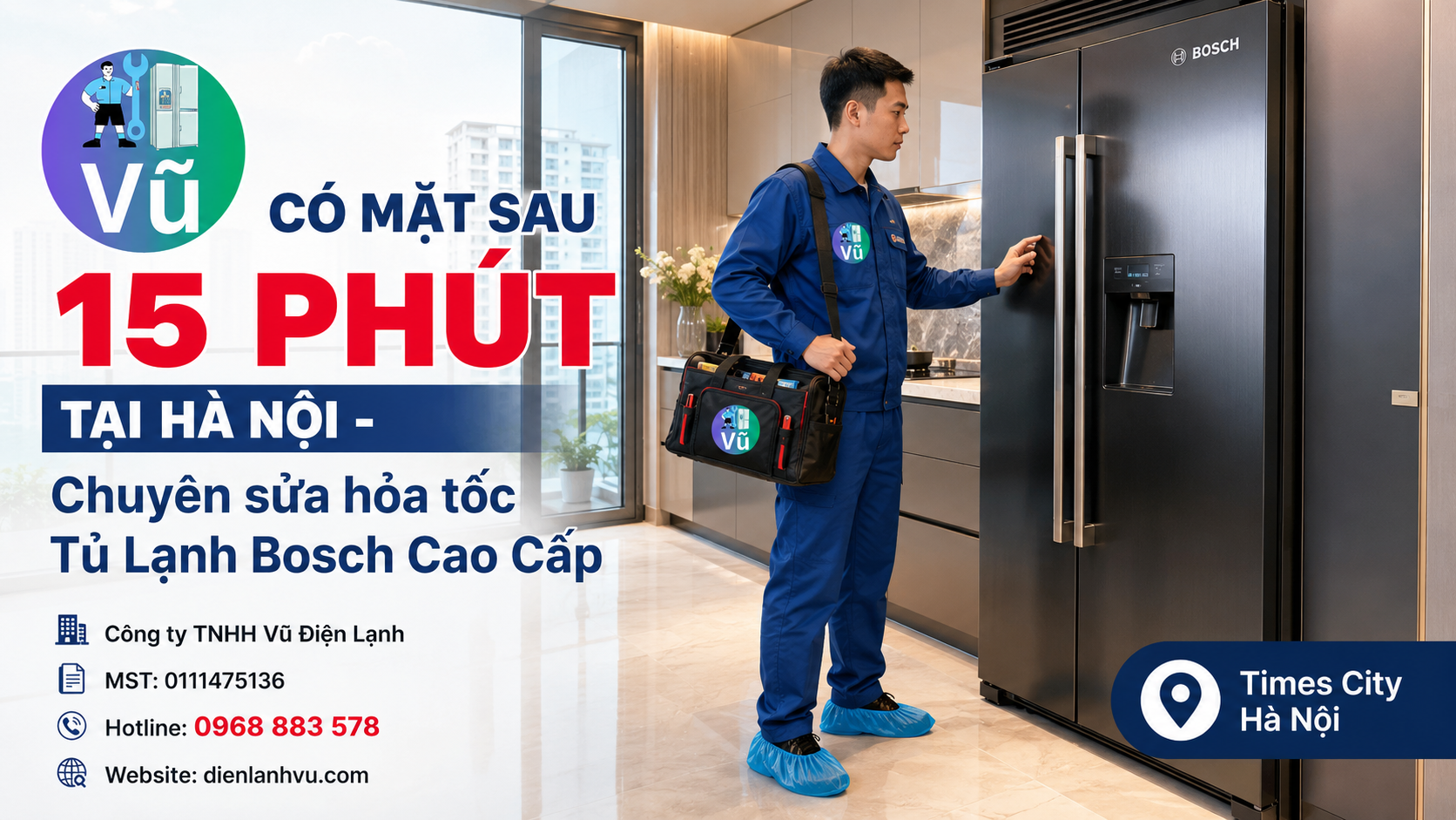 Kỹ thuật viên Vũ Điện Lạnh nhanh chóng có mặt tại chung cư Times City Hà Nội sau 15 phút để sửa tủ lạnh Bosch cao cấp tại nhà.