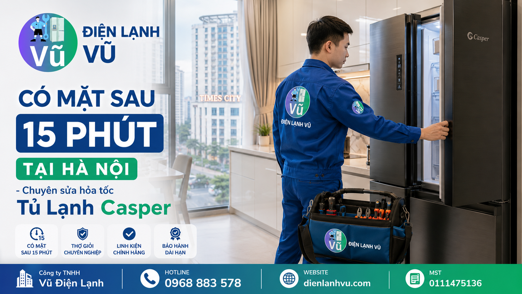 Kỹ thuật viên Vũ Điện Lạnh nhanh chóng có mặt tại chung cư Times City Hà Nội sau 15 phút để sửa tủ lạnh Casper Side by Side tại nhà.