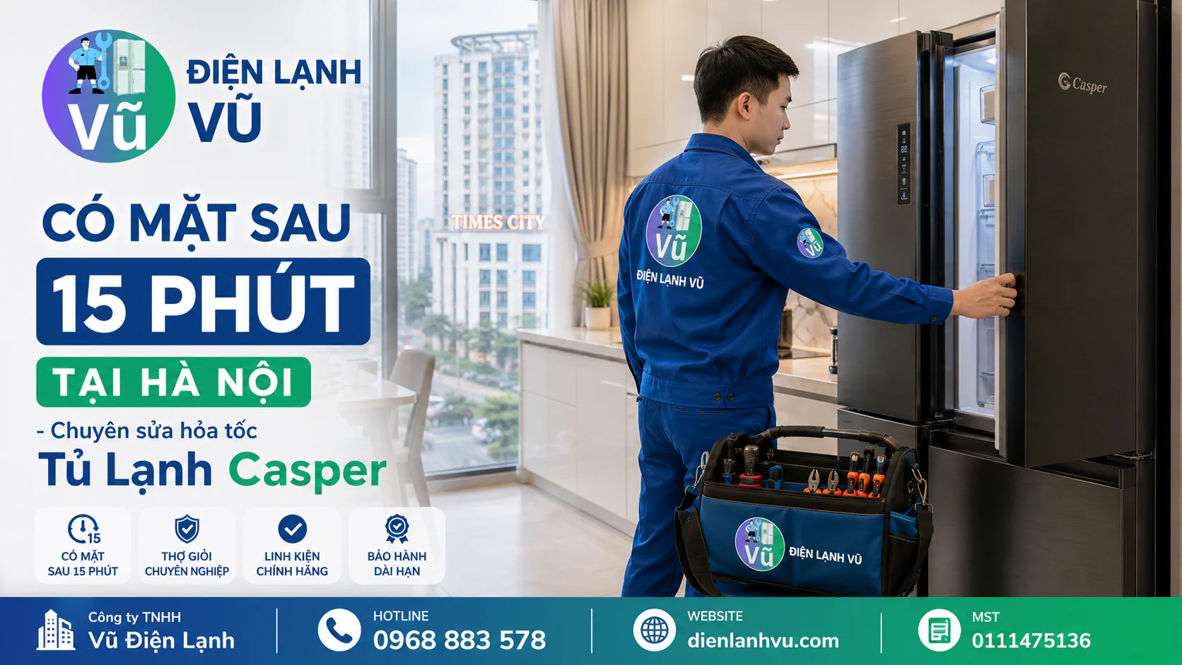 Kỹ thuật viên Vũ Điện Lạnh có thể đến khoảng 15 phút khi thuận tuyến tại chung cư Times City Hà Nội để sửa tủ lạnh Casper Side by Side tại nhà.