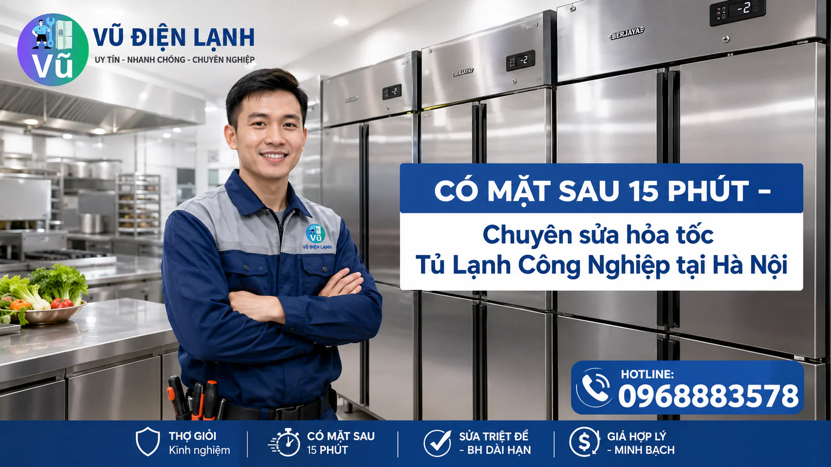 Kỹ thuật viên Vũ Điện Lạnh nhanh chóng có mặt tại bếp nhà hàng ở Hà Nội để sửa hỏa tốc tủ mát công nghiệp 4 cánh inox.