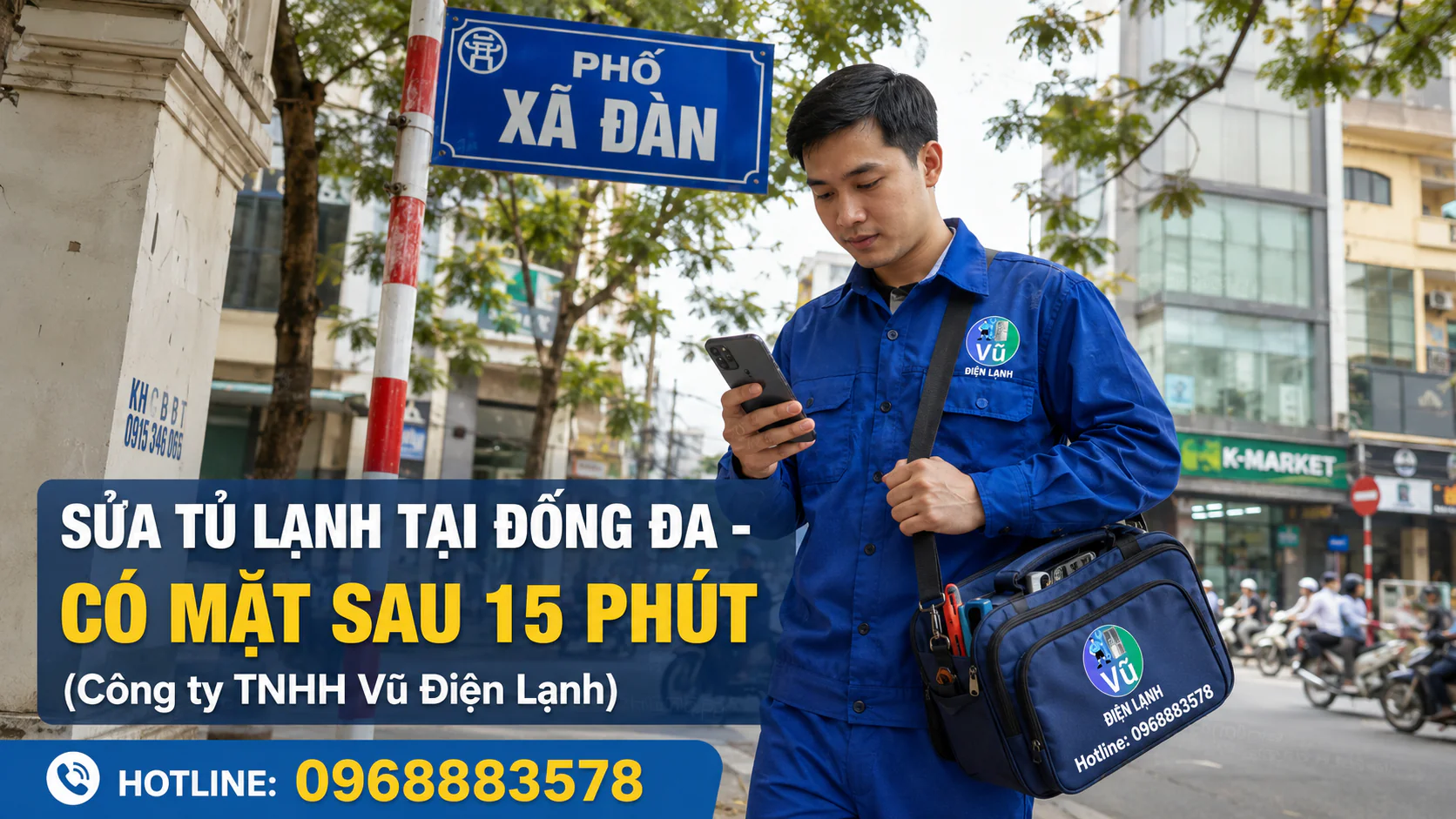Kỹ thuật viên Vũ Điện Lạnh có thể đến khoảng 15 phút khi thuận tuyến để sửa tủ lạnh tại nhà khách hàng ở Đống Đa.