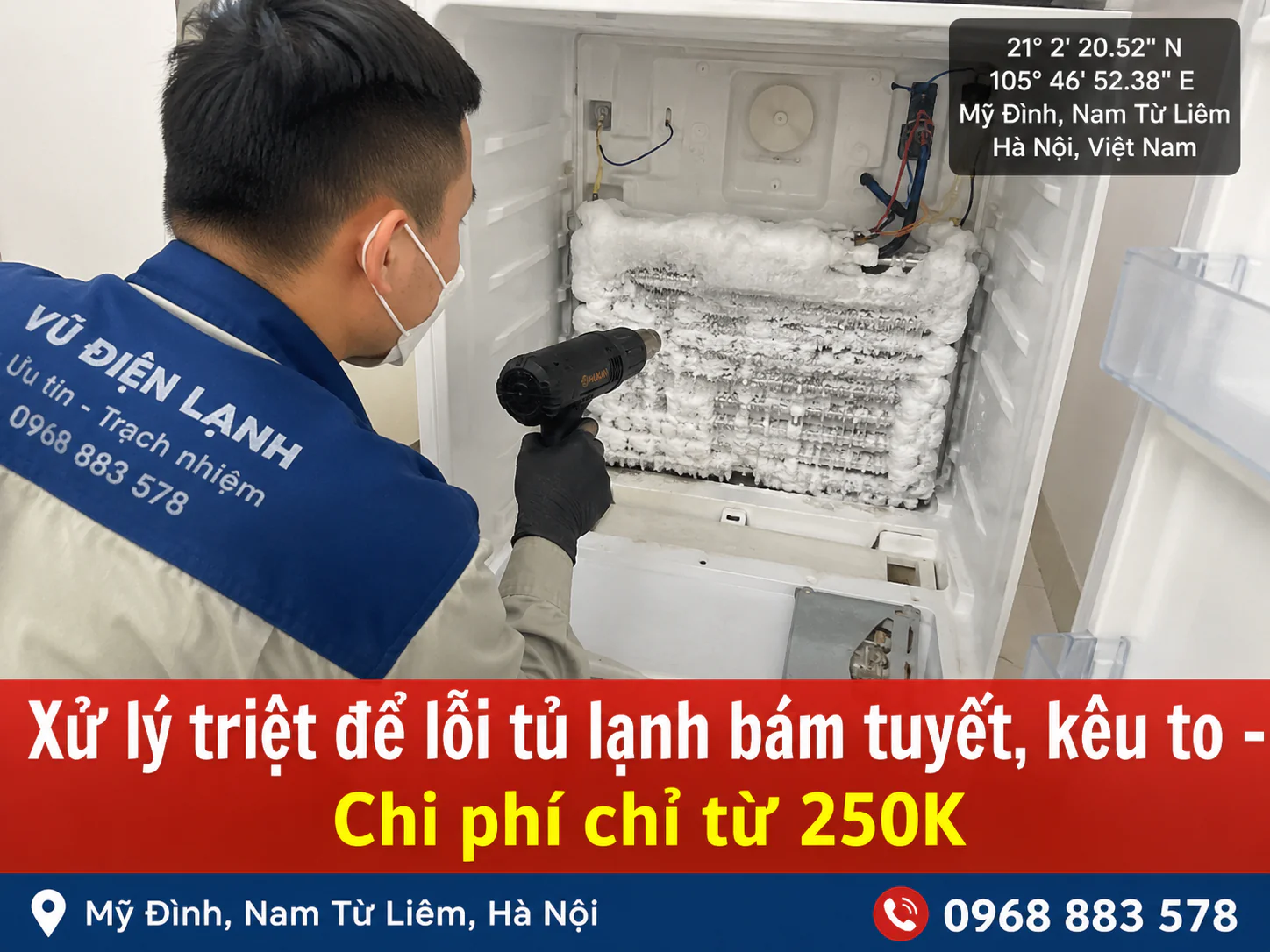 Xử lý tình trạng tủ lạnh bị đóng tuyết dàn lạnh khiến quạt cạ vào tuyết gây tiếng kêu to.