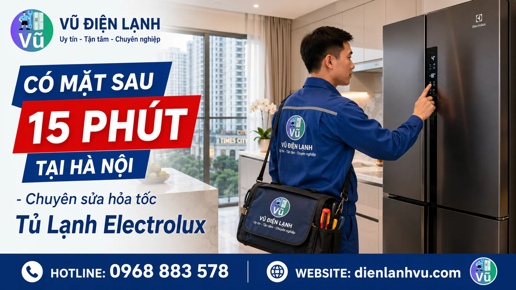 Kỹ thuật viên Vũ Điện Lạnh có thể đến khoảng 15 phút khi thuận tuyến tại chung cư Times City Hà Nội để sửa tủ lạnh Electrolux Side by Side tại nhà.