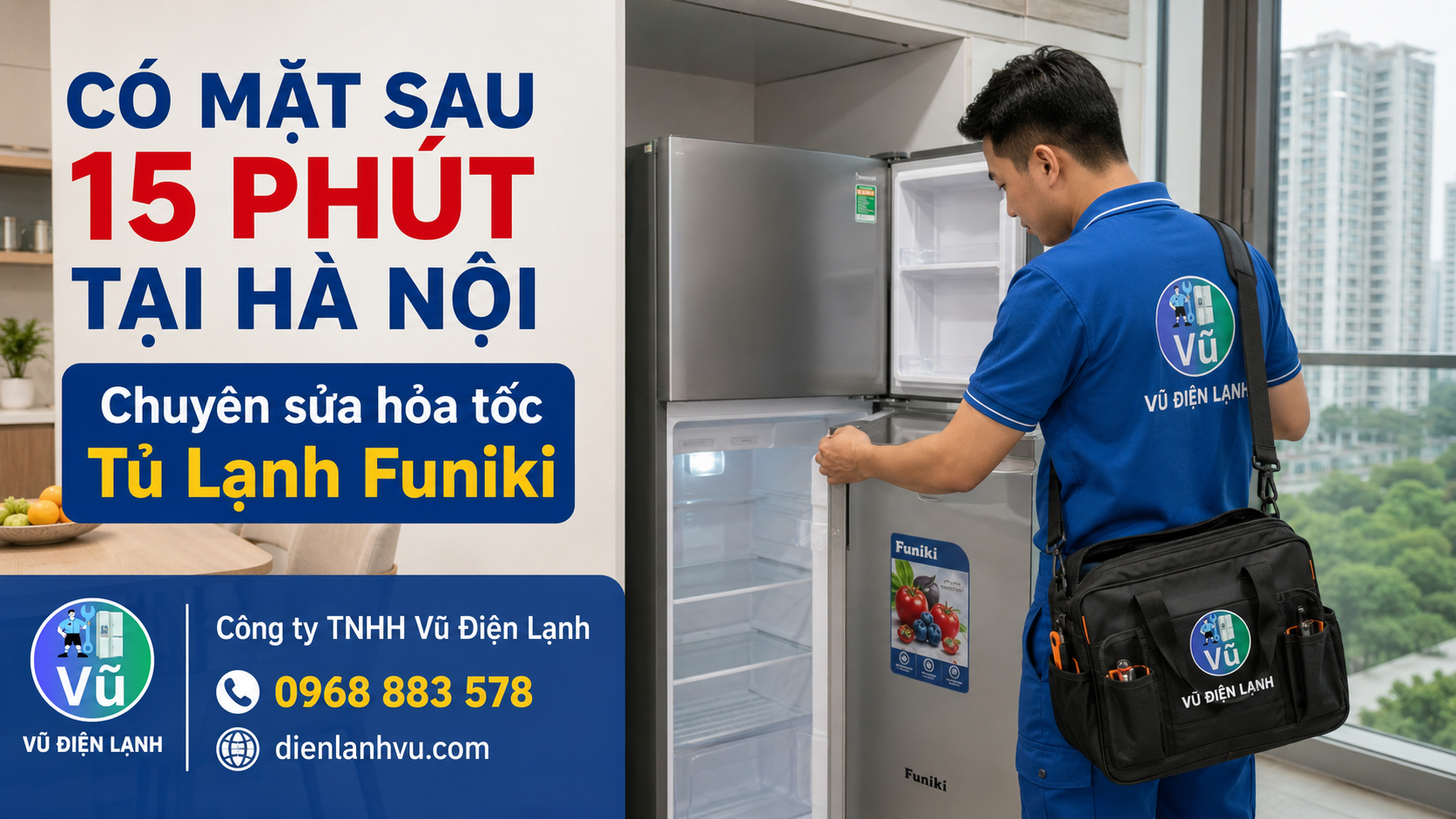 Kỹ thuật viên Vũ Điện Lạnh nhanh chóng có mặt tại chung cư HH2 Linh Đàm Hà Nội sau 15 phút để sửa tủ lạnh Funiki 2 cánh.