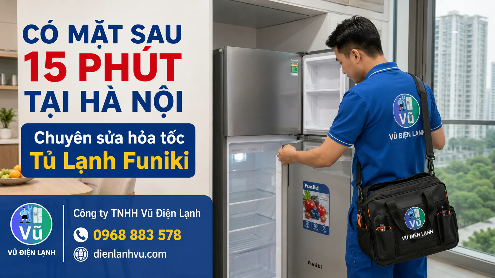 Kỹ thuật viên Vũ Điện Lạnh có thể đến khoảng 15 phút khi thuận tuyến tại chung cư HH2 Linh Đàm Hà Nội để sửa tủ lạnh Funiki 2 cánh.