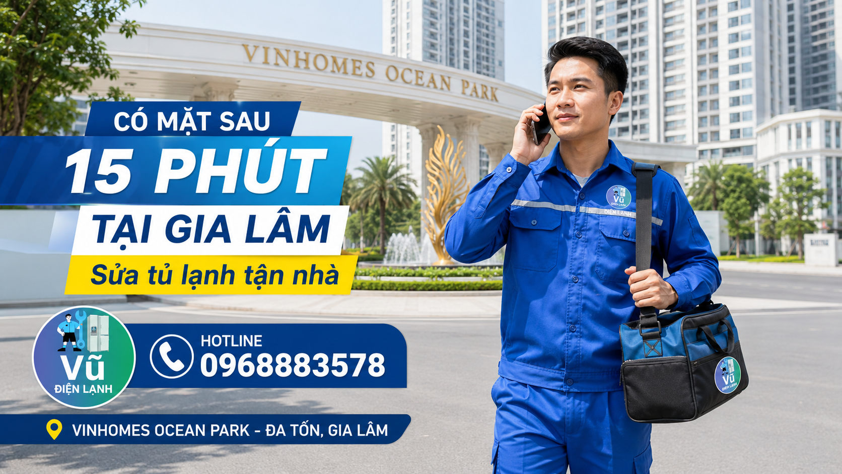 Kỹ thuật viên Vũ Điện Lạnh nhanh chóng có mặt tại khu đô thị Vinhomes Ocean Park, Gia Lâm chỉ sau 15 phút gọi để kiểm tra tủ lạnh.