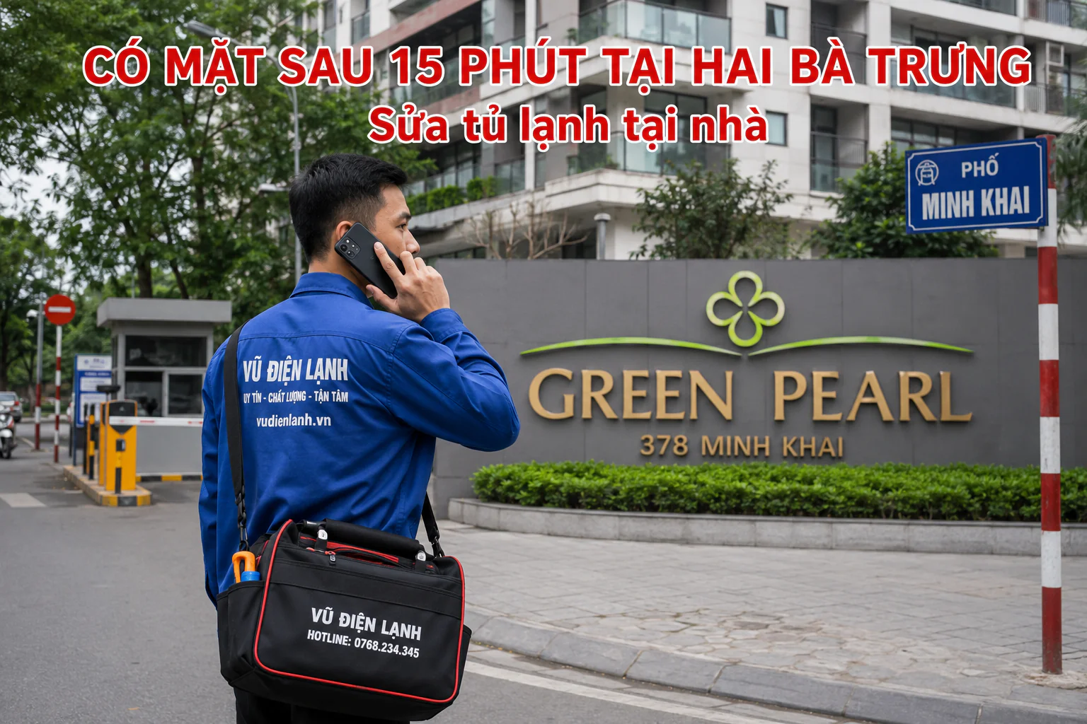 Kỹ thuật viên Vũ Điện Lạnh có thể đến khoảng 15 phút khi thuận tuyến tại chung cư Green Pearl Minh Khai, Hai Bà Trưng để sửa tủ lạnh.