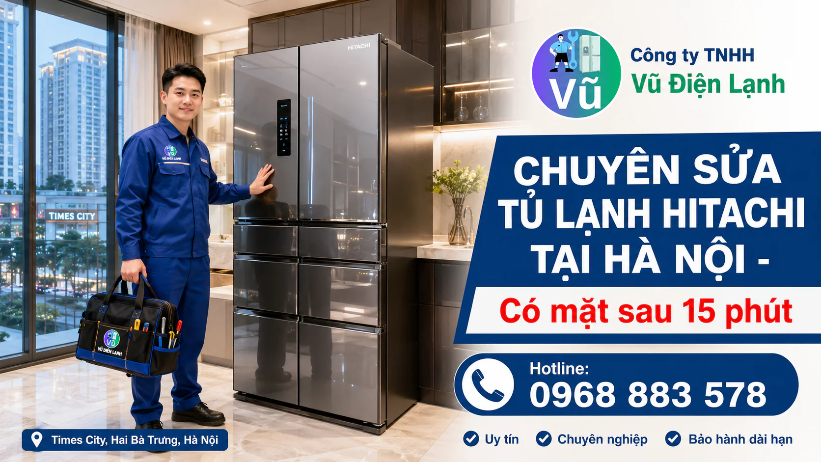 Kỹ thuật viên Vũ Điện Lạnh có thể đến khoảng 15 phút khi thuận tuyến tại chung cư Times City Hà Nội để sửa tủ lạnh Hitachi 6 cánh mặt gương.