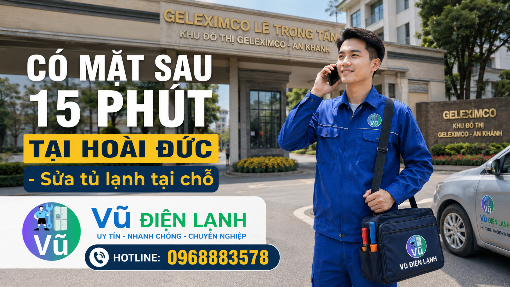 Kỹ thuật viên Vũ Điện Lạnh có mặt tại khu đô thị Vinhomes Smart City, Hoài Đức chỉ sau 15 phút gọi để sửa tủ lạnh tại nhà.