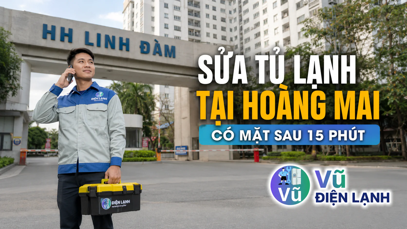 Kỹ thuật viên Vũ Điện Lạnh có thể đến khoảng 15 phút khi thuận tuyến tại khu đô thị Linh Đàm quận Hoàng Mai để sửa tủ lạnh cho khách hàng.