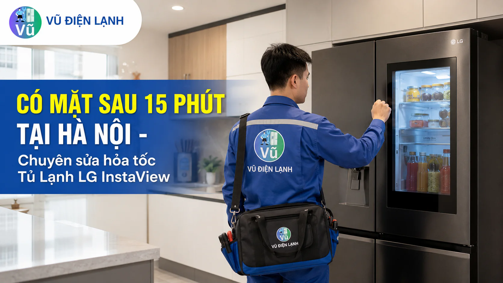 Kỹ thuật viên Vũ Điện Lạnh có thể đến khoảng 15 phút khi thuận tuyến tại chung cư Times City Hà Nội để sửa tủ lạnh LG InstaView Door-in-Door.