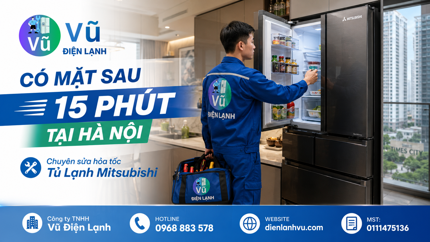 Kỹ thuật viên Vũ Điện Lạnh nhanh chóng có mặt tại chung cư Times City Hà Nội sau 15 phút để sửa tủ lạnh Mitsubishi tại nhà.