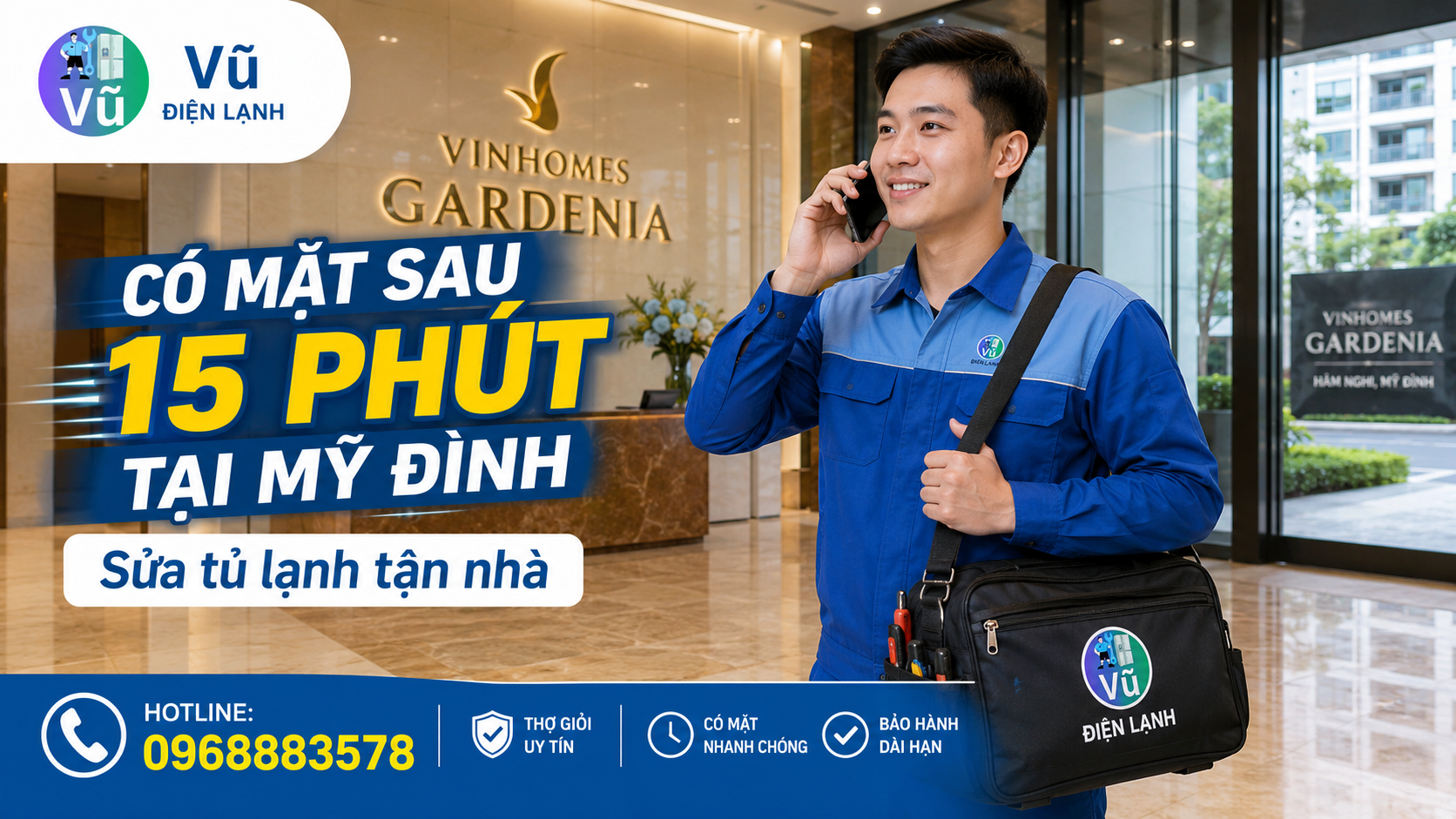 Kỹ thuật viên Vũ Điện Lạnh nhanh chóng có mặt tại chung cư Vinhomes Gardenia, Mỹ Đình chỉ sau 15 phút gọi để sửa tủ lạnh tại nhà.