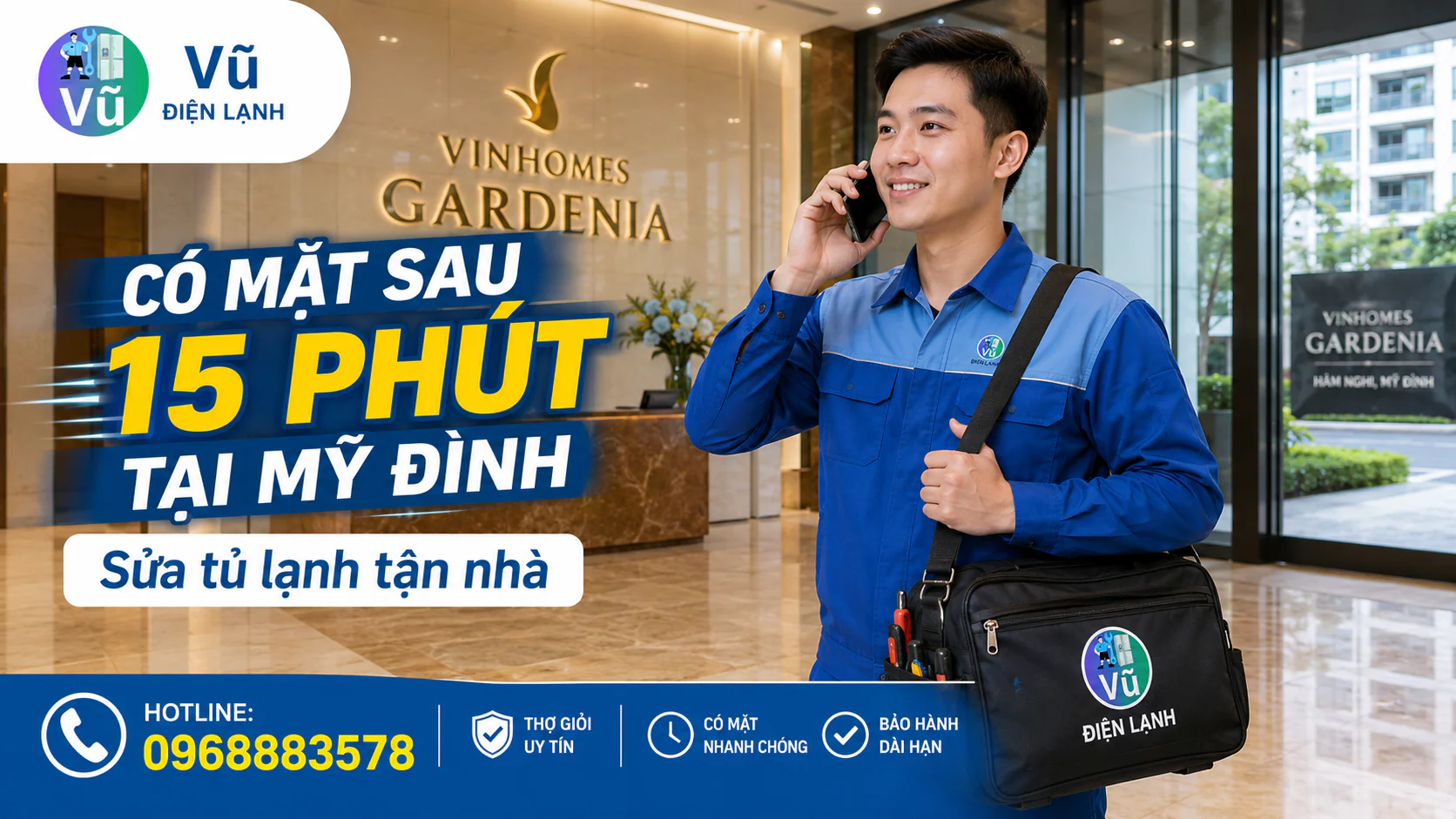 Kỹ thuật viên Vũ Điện Lạnh có thể đến khoảng 15 phút khi thuận tuyến tại chung cư Vinhomes Gardenia, Mỹ Đình để sửa tủ lạnh tại nhà.