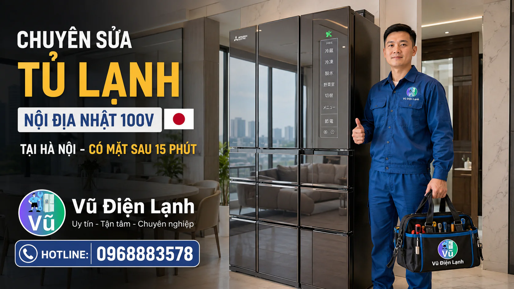 Thợ kỹ thuật Vũ Điện Lạnh chuyên sửa tủ lạnh nội địa Nhật Bản 100V loại 5-6 cánh mặt gương cao cấp tại nhà Hà Nội.