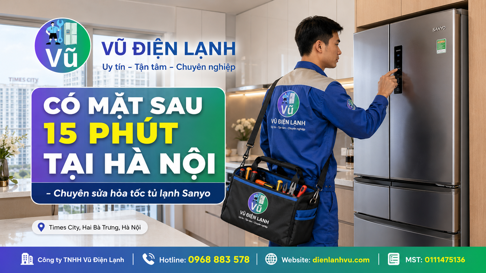 Kỹ thuật viên Vũ Điện Lạnh nhanh chóng có mặt tại chung cư Times City Hà Nội sau 15 phút để sửa tủ lạnh Sanyo tại nhà.