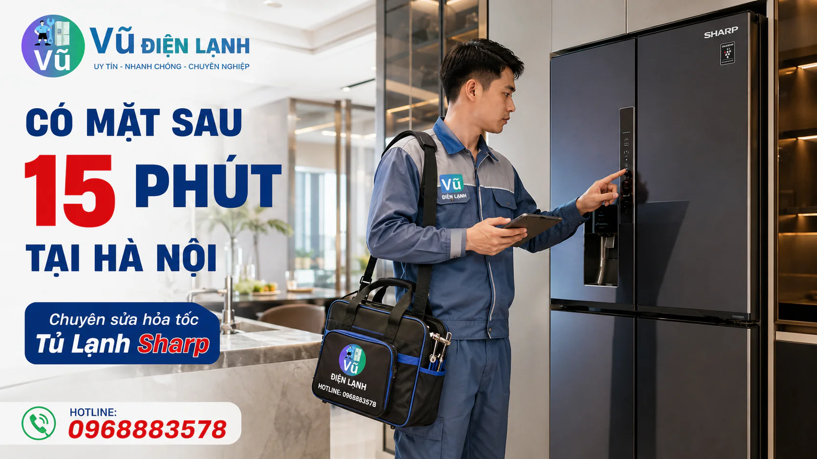 Kỹ thuật viên Vũ Điện Lạnh có thể đến khoảng 15 phút khi thuận tuyến tại khu đô thị Vinhomes Ocean Park Hà Nội để sửa tủ lạnh Sharp Side by Side.