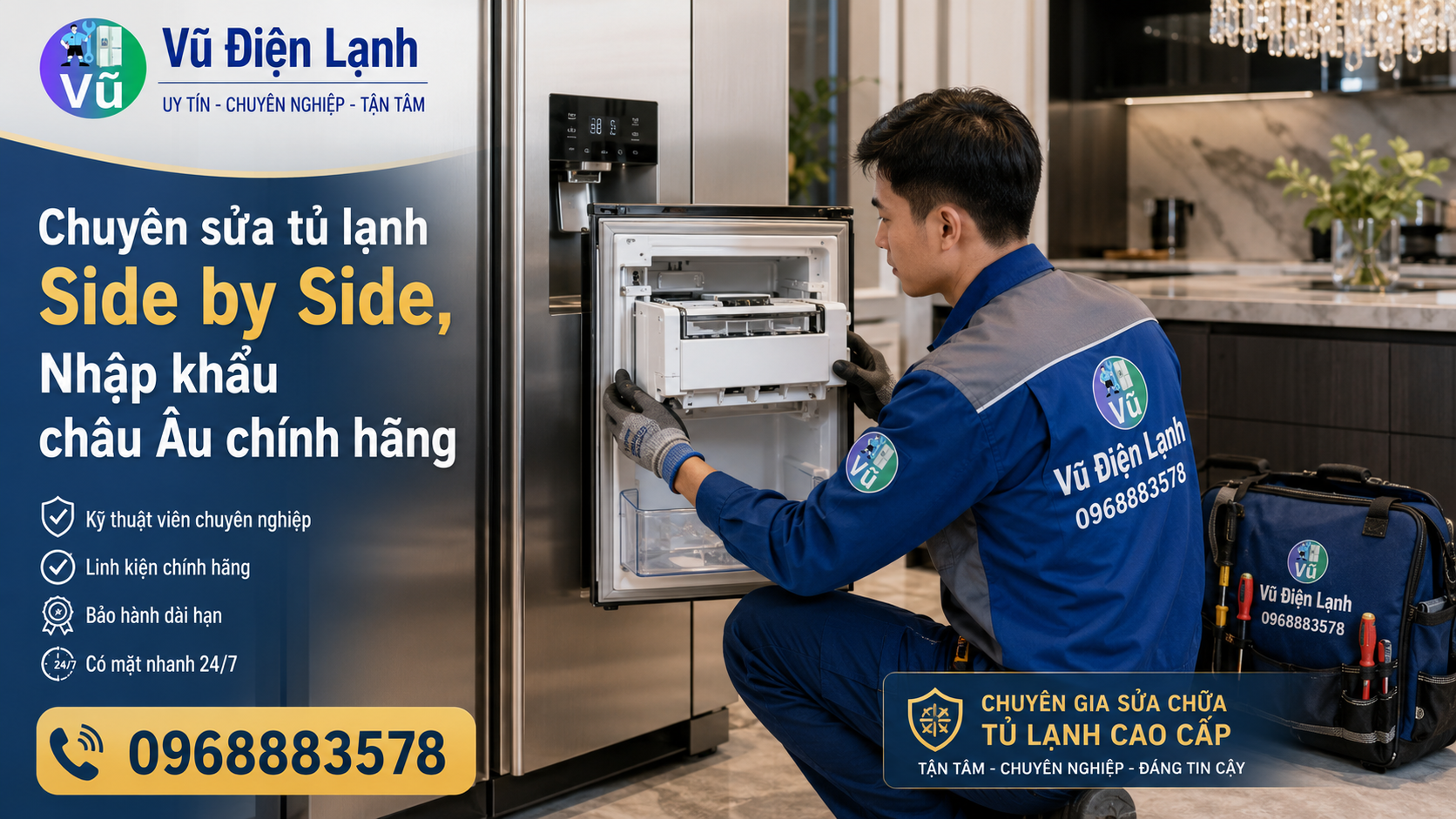 Chuyên gia của Vũ Điện Lạnh đang xử lý lỗi hệ thống làm đá trên dòng tủ lạnh Side by Side cao cấp tại khu chung cư Thanh Xuân.