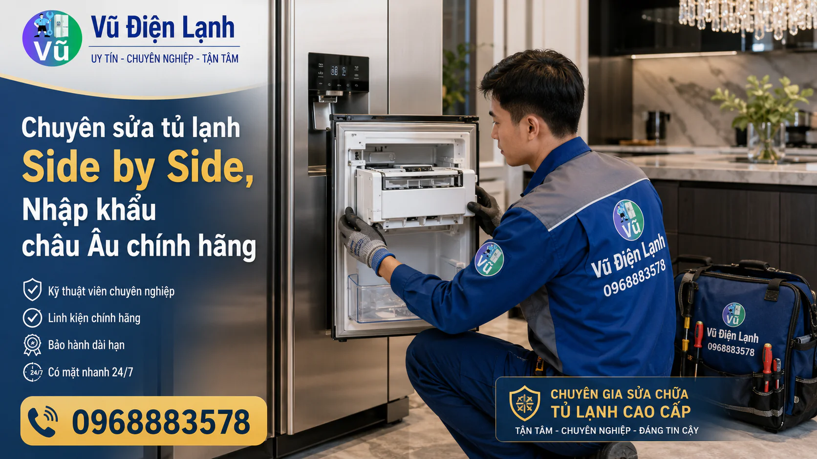 Chuyên gia của Vũ Điện Lạnh đang xử lý lỗi hệ thống làm đá trên dòng tủ lạnh Side by Side cao cấp tại khu chung cư Thanh Xuân.