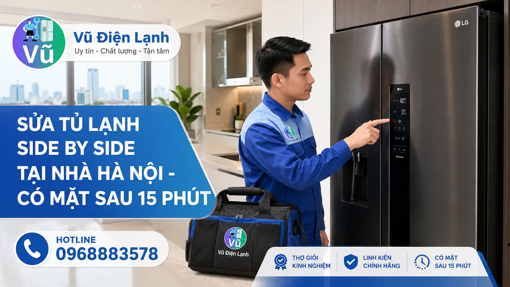 Thợ kỹ thuật Vũ Điện Lạnh chuyên sửa tủ lạnh Side by Side cao cấp tại nhà Hà Nội, có thể đến khoảng 15 phút khi thuận tuyến.