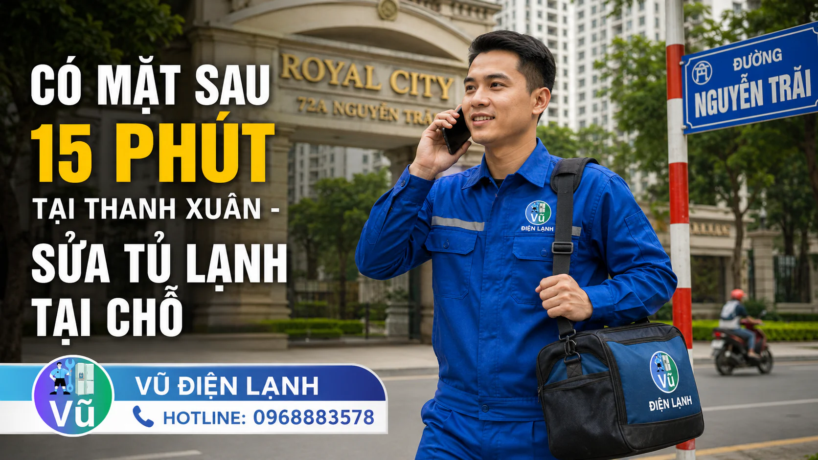 Kỹ thuật viên Vũ Điện Lạnh nhanh chóng có mặt tại chung cư Royal City quận Thanh Xuân để sửa tủ lạnh tại nhà cho khách hàng.