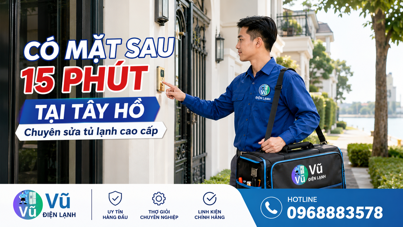 Kỹ thuật viên Vũ Điện Lạnh nhanh chóng có mặt tại khu biệt thự Quảng An, Tây Hồ chỉ sau 15 phút gọi để sửa tủ lạnh.
