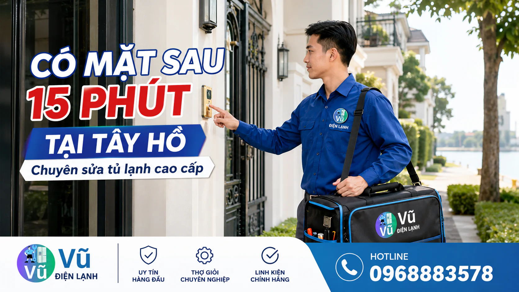 Kỹ thuật viên Vũ Điện Lạnh có thể đến khoảng 15 phút khi thuận tuyến tại khu biệt thự Quảng An, Tây Hồ để sửa tủ lạnh.