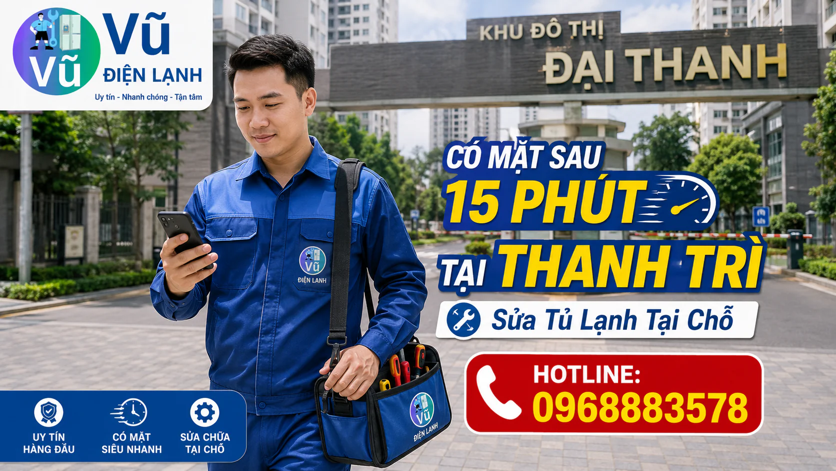Kỹ thuật viên Vũ Điện Lạnh có thể đến khoảng 15 phút khi thuận tuyến tại khu đô thị Đại Thanh, Thanh Trì để sửa tủ lạnh tại nhà.