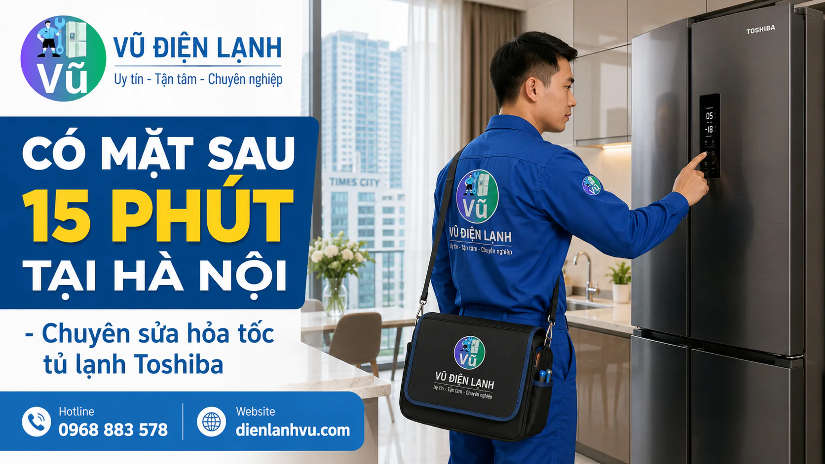 Kỹ thuật viên Vũ Điện Lạnh có thể đến khoảng 15 phút khi thuận tuyến tại chung cư Times City Hà Nội để sửa tủ lạnh Toshiba cao cấp.