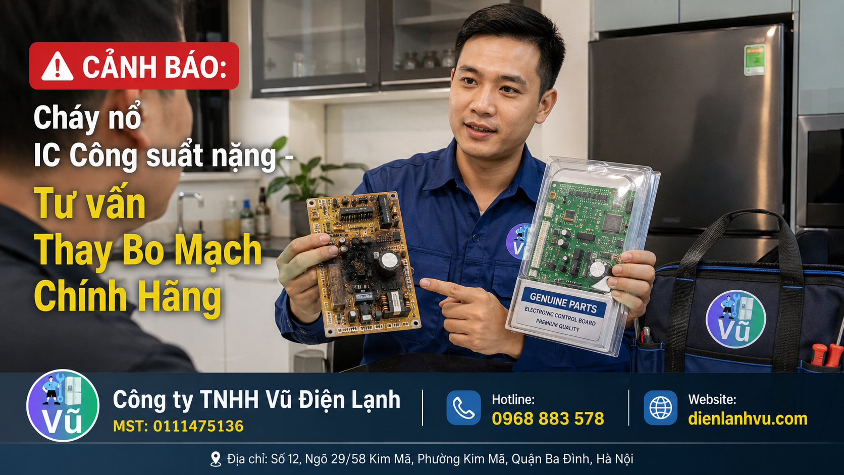 Thợ điện lạnh chuyên nghiệp sử dụng đồng hồ VOM để đo kiểm tra IC công suất trên bo nguồn tủ lạnh Inverter nhằm xác định chính xác linh kiện hỏng.