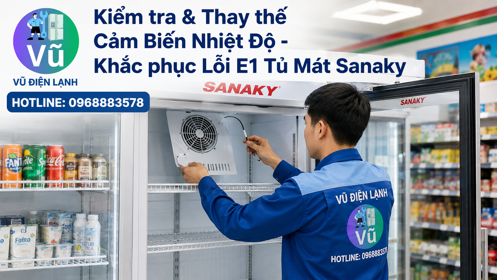Thợ sửa chữa tiến hành đo kiểm tra và thay thế cảm biến nhiệt độ khi tủ mát Sanaky báo lỗi E1 không tự ngắt.