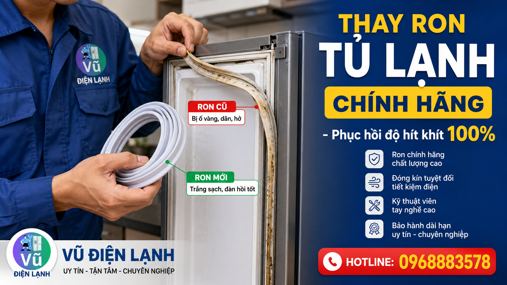 Kỹ thuật viên Vũ Điện Lạnh tiến hành tháo ron cũ và thay gioăng tủ lạnh mới chính hãng để khắc phục lỗi cửa đóng không khít.