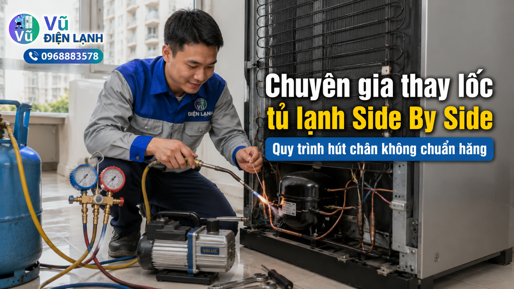Chuyên gia Vũ Điện Lạnh thực hiện quy trình hàn nối và thay block (lốc) tủ lạnh Side By Side chuẩn kỹ thuật tại nhà khách hàng Nam Từ Liêm.