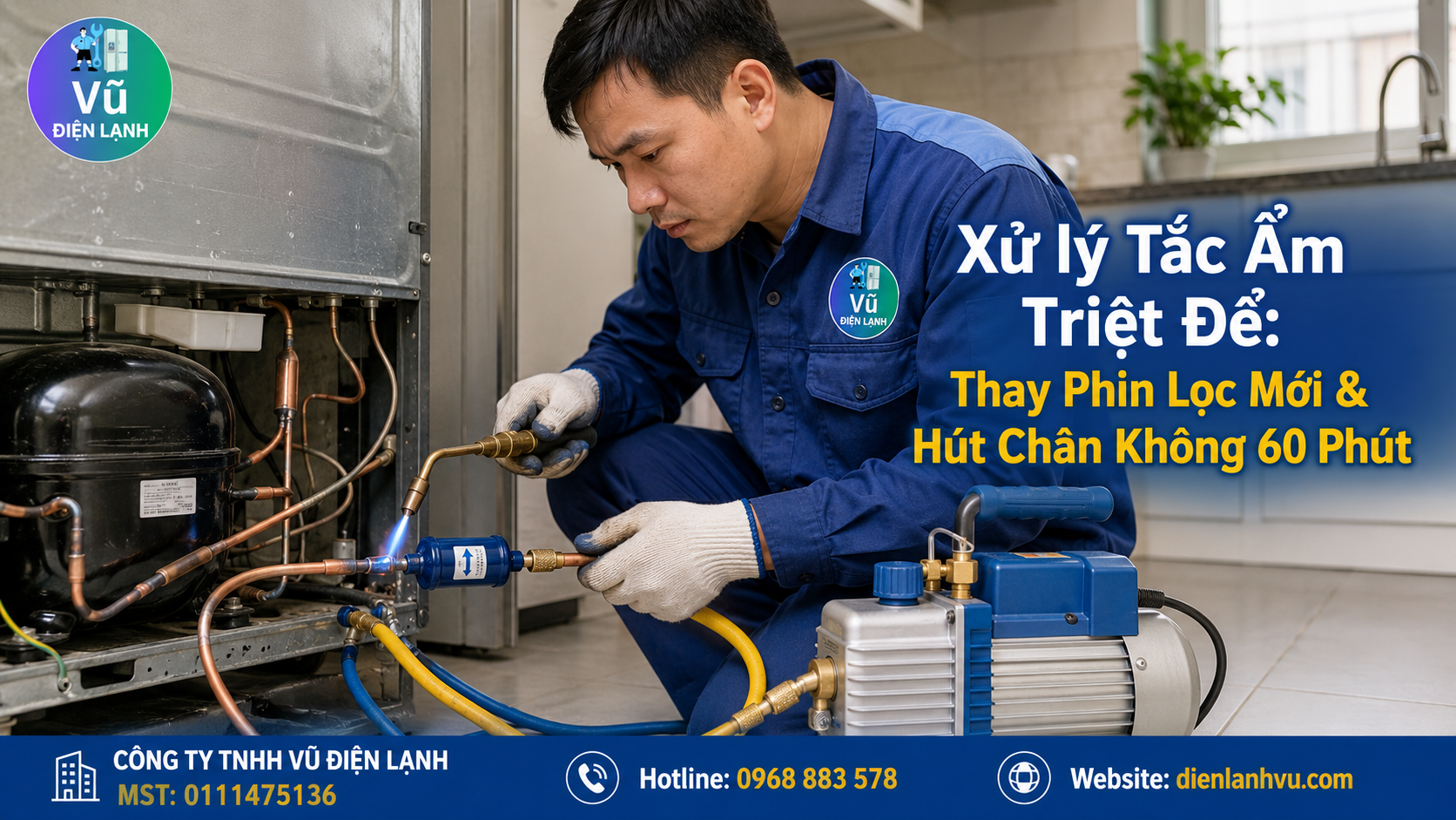 Kỹ thuật viên tiến hành thay phin lọc gas mới và sử dụng máy hút chân không chuyên dụng để xử lý dứt điểm lỗi tủ lạnh tắc ẩm.