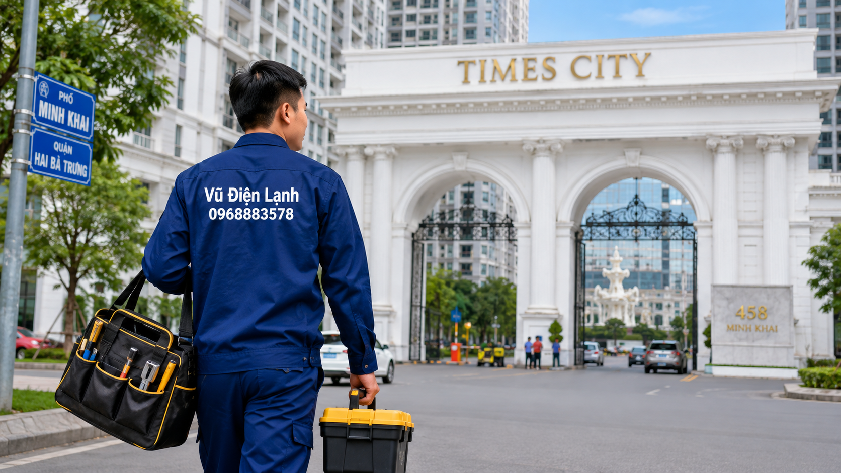 Thợ của Công Ty TNHH Vũ Điện Lạnh đến kiểm tra và sửa điều hòa tại khu đô thị Times City, quận Hai Bà Trưng.