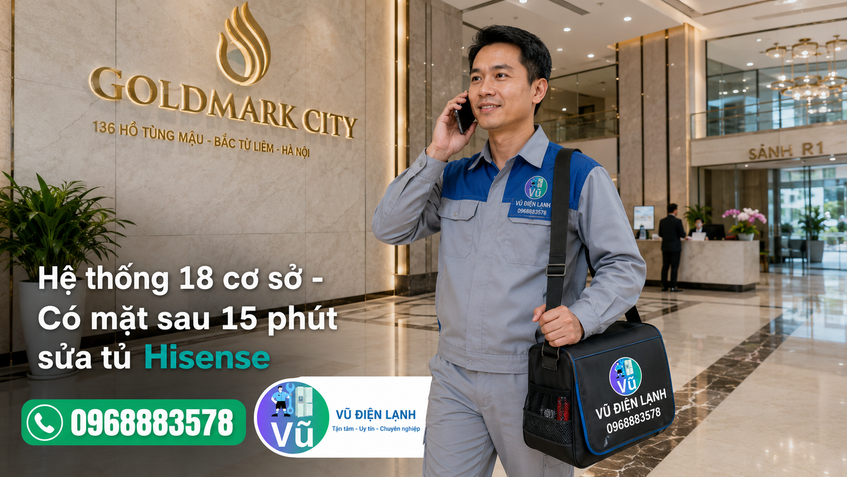 Kỹ thuật viên Vũ Điện Lạnh nhanh chóng có mặt tại chung cư Hà Nội chỉ sau 15 phút gọi để xử lý sự cố tủ lạnh Hisense.