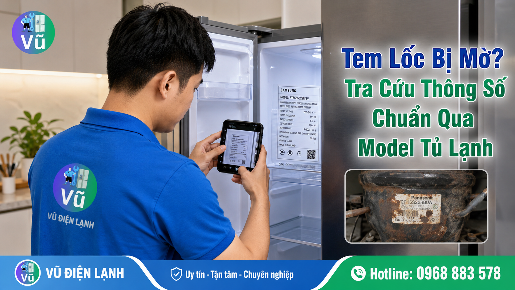 Kỹ thuật viên chụp lại tem model bên trong khoang tủ lạnh để tra cứu thông số block thay thế khi tem trên lốc cũ đã bị mờ, rách.
