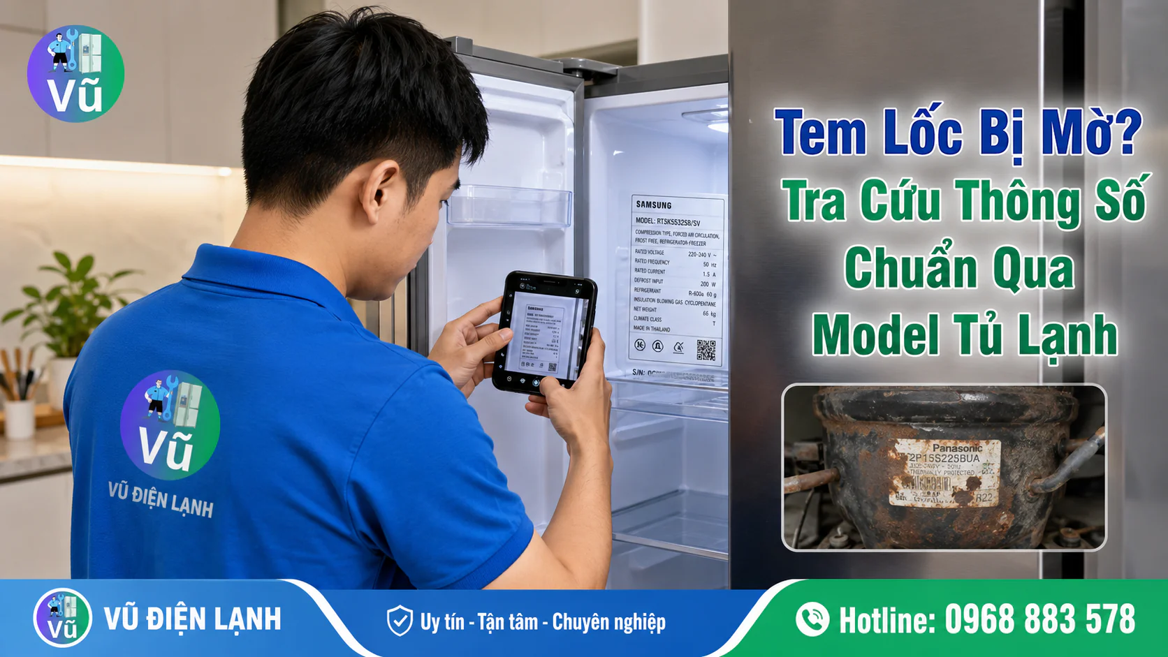 Kỹ thuật viên chụp lại tem model bên trong khoang tủ lạnh để tra cứu thông số block thay thế khi tem trên lốc cũ đã bị mờ, rách.