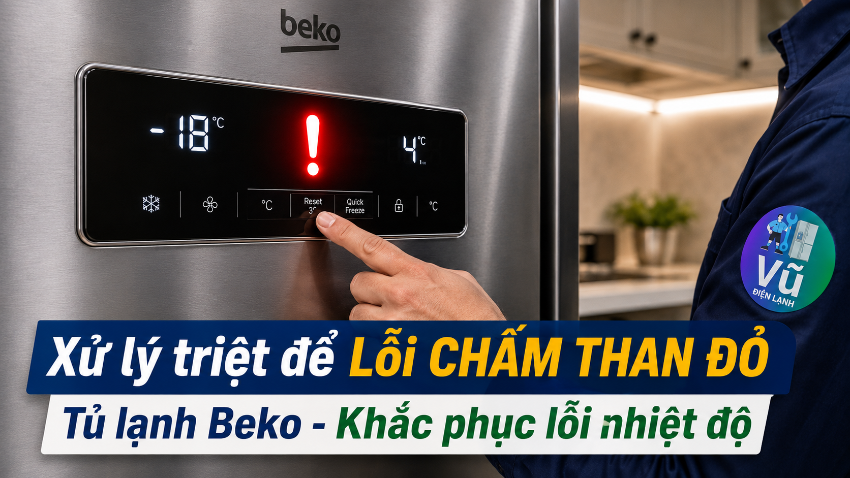 Hướng dẫn kỹ thuật viên cách xử lý và tắt cảnh báo khi tủ lạnh Beko báo lỗi dấu chấm than đỏ hoặc nháy đèn đỏ.