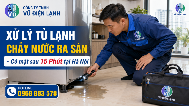 Kỹ thuật viên Vũ Điện Lạnh có mặt nhanh chóng sau 15 phút để kiểm tra tình trạng tủ lạnh chảy nước ra sàn nhà.