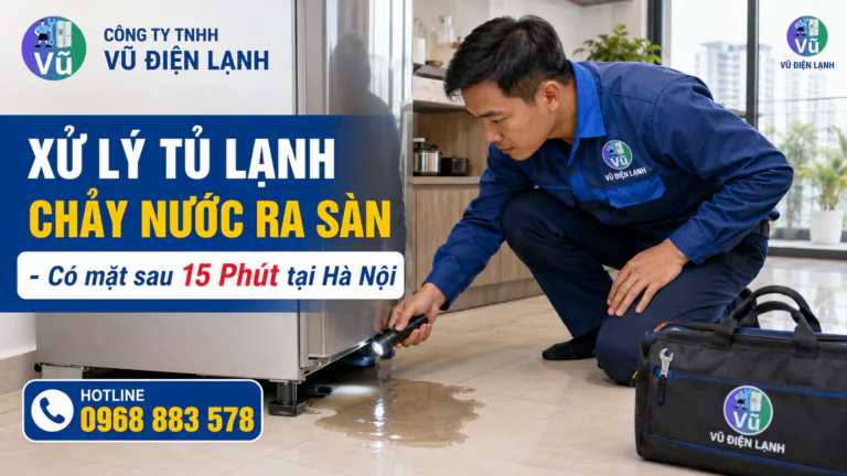 Kỹ thuật viên Vũ Điện Lạnh có mặt nhanh chóng sau 15 phút để kiểm tra tình trạng tủ lạnh chảy nước ra sàn nhà.
