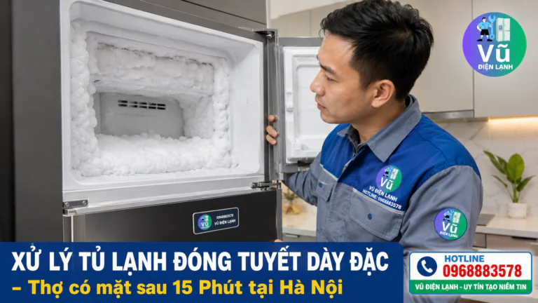 Kỹ thuật viên Vũ Điện Lạnh kiểm tra tình trạng tủ lạnh bị đóng tuyết dày đặc bít kín khe gió ngăn đá tại nhà khách hàng Hà Nội.