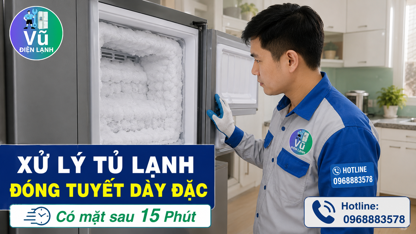 Kỹ thuật viên Vũ Điện Lạnh có mặt tận nơi kiểm tra tình trạng tủ lạnh bị đóng tuyết dày đặc bít kín khe thông gió.